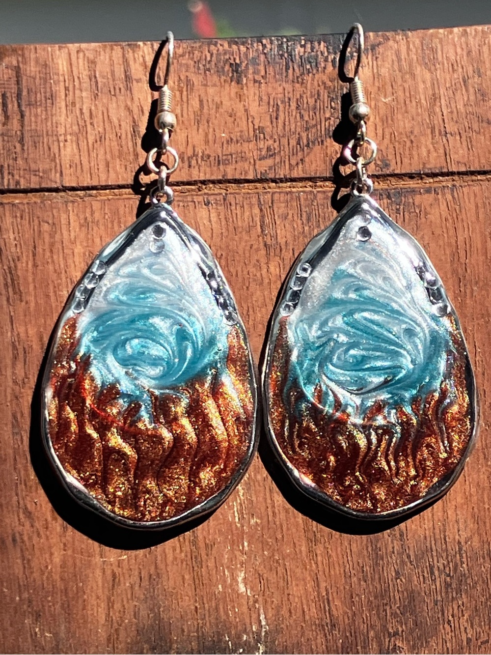 Blue and brown swirl teardrop dangle earrings